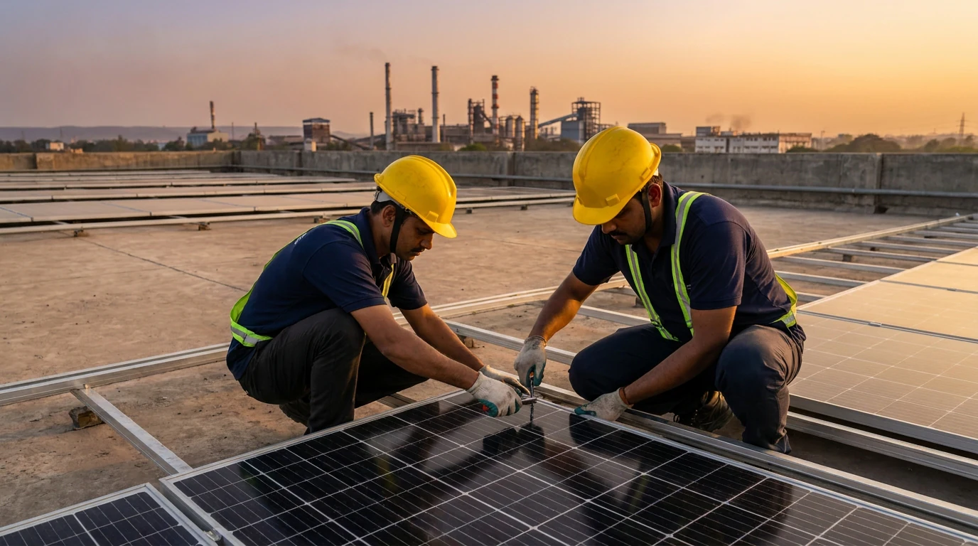 Powermore installation crew commissioning a rooftop solar plant